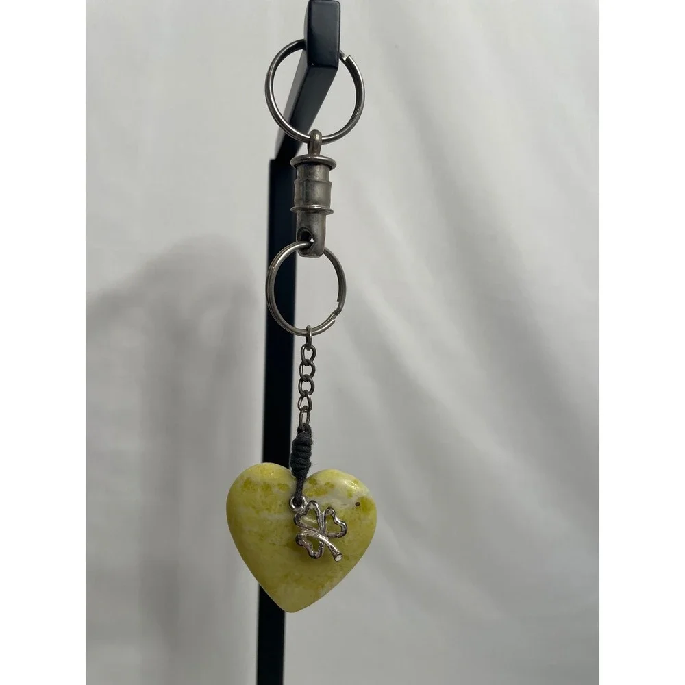 Unbranded Yellow Marbled Stone Heart Keychain Four Leaf Clover Charm Silver Tone